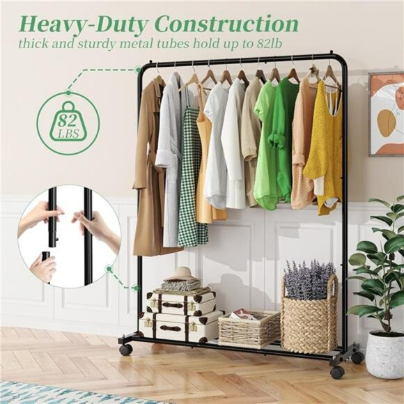rolling garment rack with shelves clothing organizer hanging clothes stand black - Picture 6 of 7